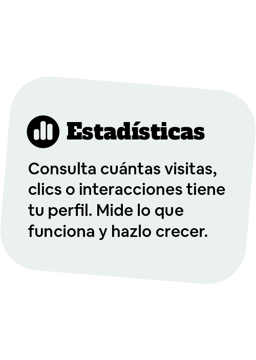 Analítica: Consulta cuántas visitas, clics o interacciones tiene tu perfil. Mide lo que funciona y hazlo crecer.